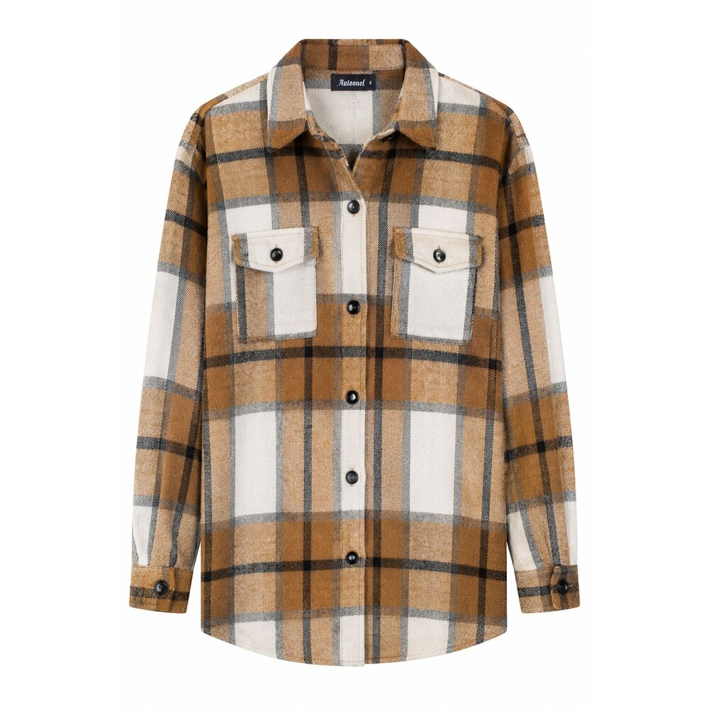 Automet Women’s Plaid Shacket Button Front Overshirt Brown Beige Size S NWT